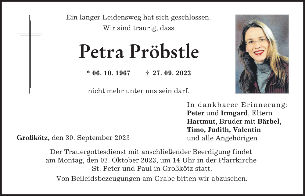  Traueranzeige für Petra Pröbstle vom 30.09.2023 aus Günzburger Zeitung