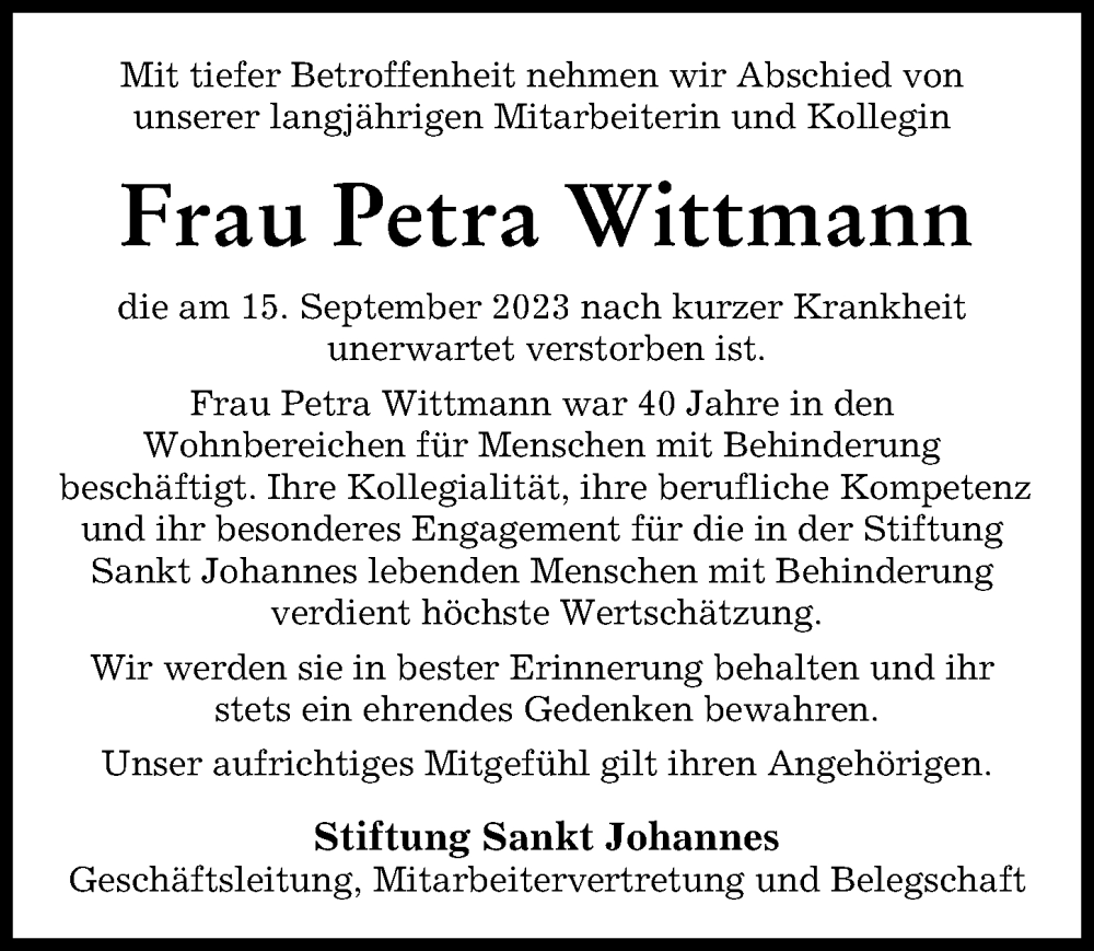 Traueranzeige von Petra Wittmann von Donauwörther Zeitung