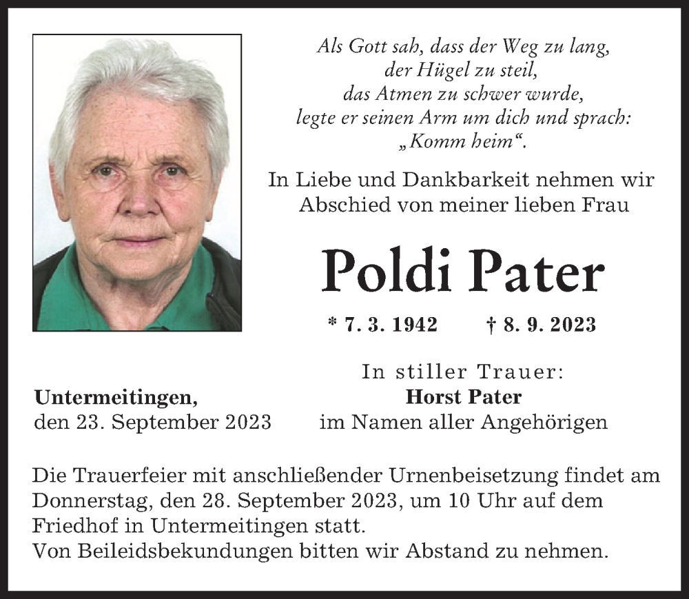  Traueranzeige für Poldi Pater vom 23.09.2023 aus Schwabmünchner Allgemeine
