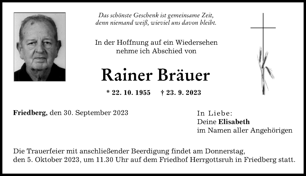  Traueranzeige für Rainer Bräuer vom 30.09.2023 aus Friedberger Allgemeine