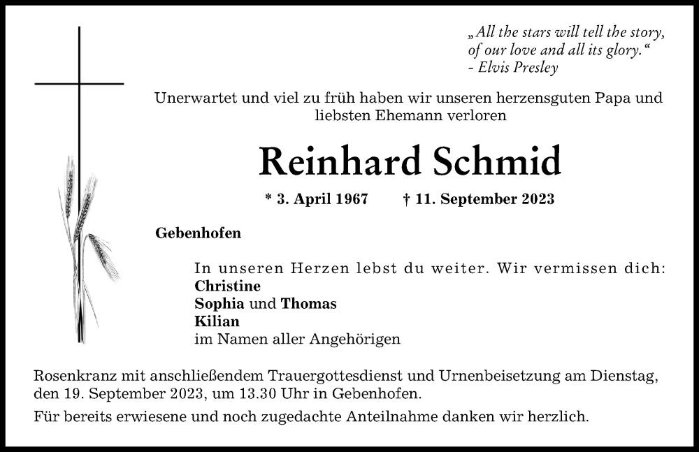 Traueranzeige von Reinhard Schmid von Aichacher Nachrichten