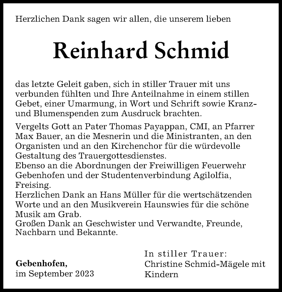  Traueranzeige für Reinhard Schmid vom 25.09.2023 aus Aichacher Nachrichten