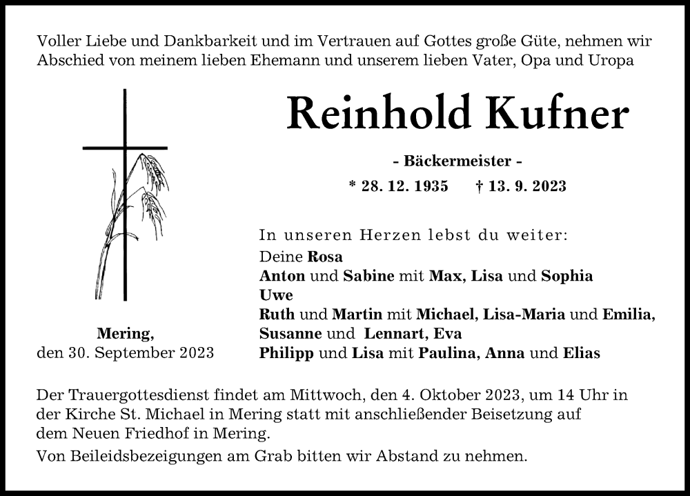  Traueranzeige für Reinhold Kufner vom 30.09.2023 aus Friedberger Allgemeine, Augsburger Allgemeine