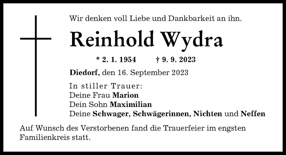  Traueranzeige für Reinhold Wydra vom 16.09.2023 aus Augsburg-Land