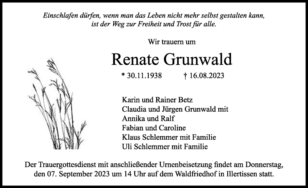  Traueranzeige für Renate Grunwald vom 04.09.2023 aus Illertisser Zeitung