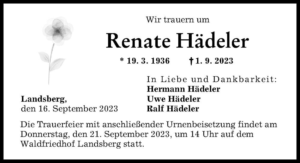 Traueranzeige von Renate Hädeler von Landsberger Tagblatt