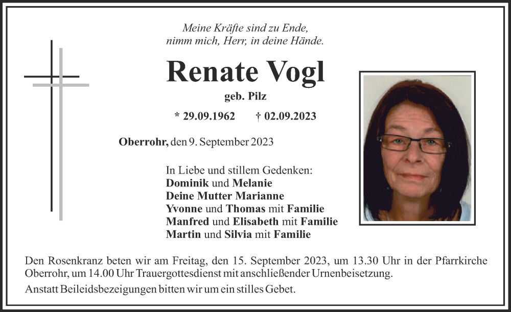 Traueranzeige von Renate Vogl von Mittelschwäbische Nachrichten