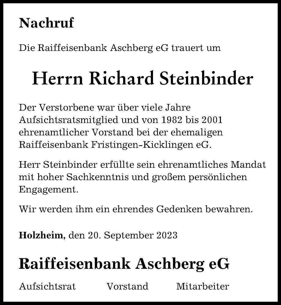  Traueranzeige für Richard Steinbinder vom 20.09.2023 aus Donau Zeitung