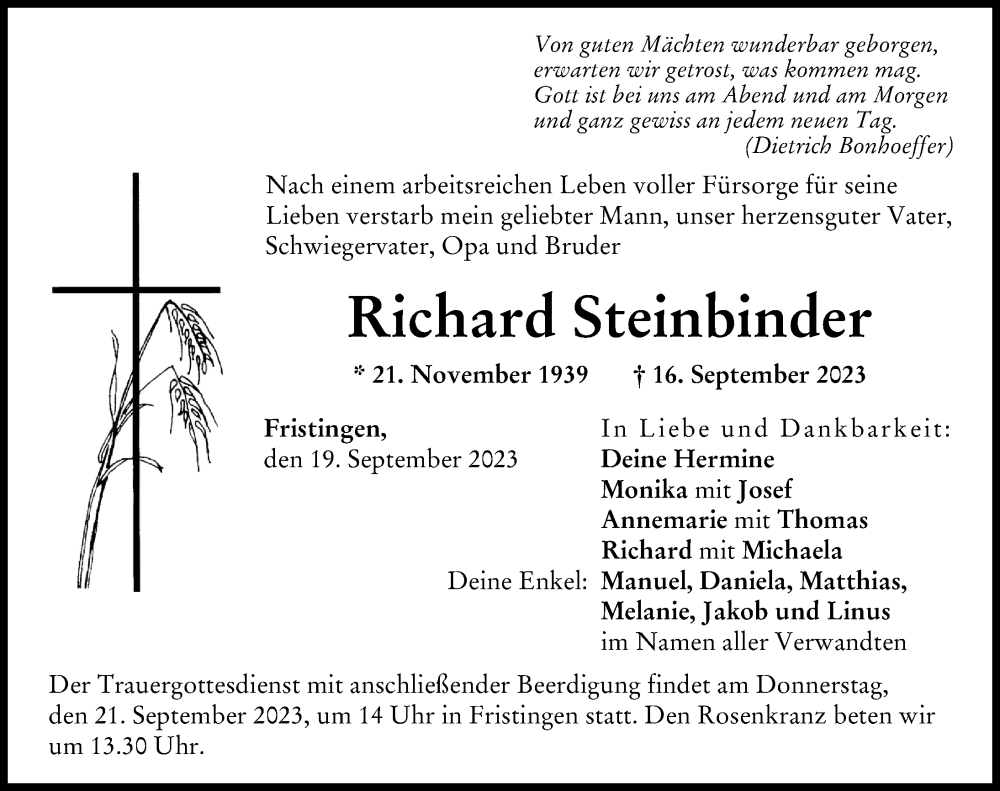  Traueranzeige für Richard Steinbinder vom 19.09.2023 aus Donau Zeitung