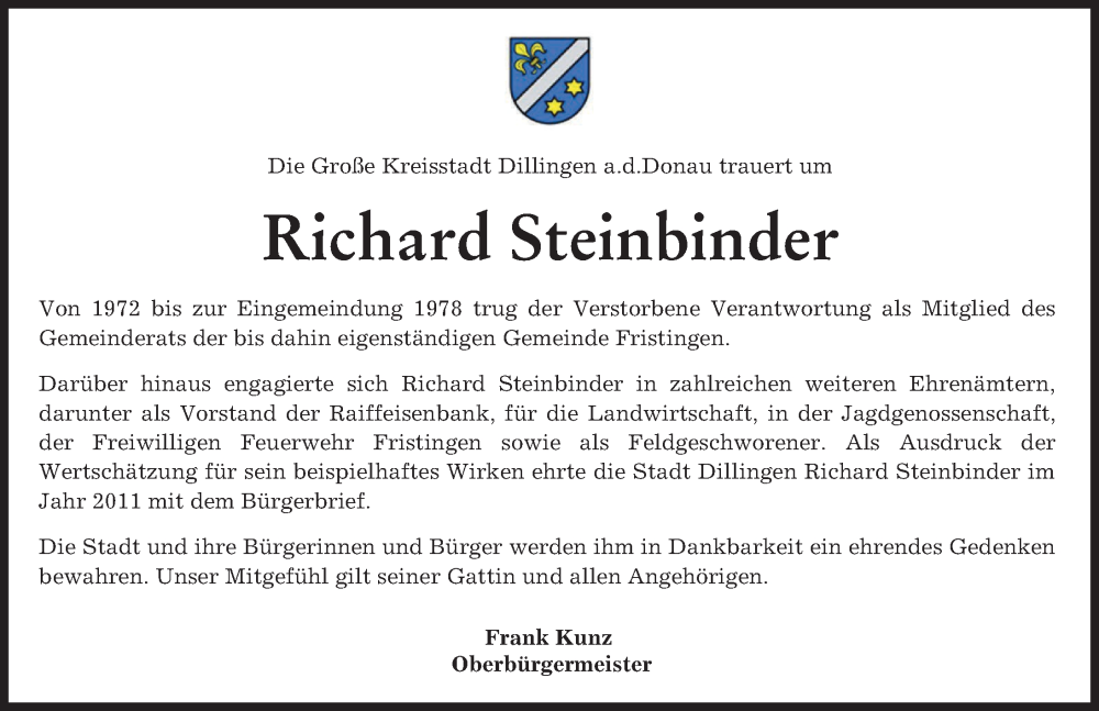  Traueranzeige für Richard Steinbinder vom 20.09.2023 aus Donau Zeitung