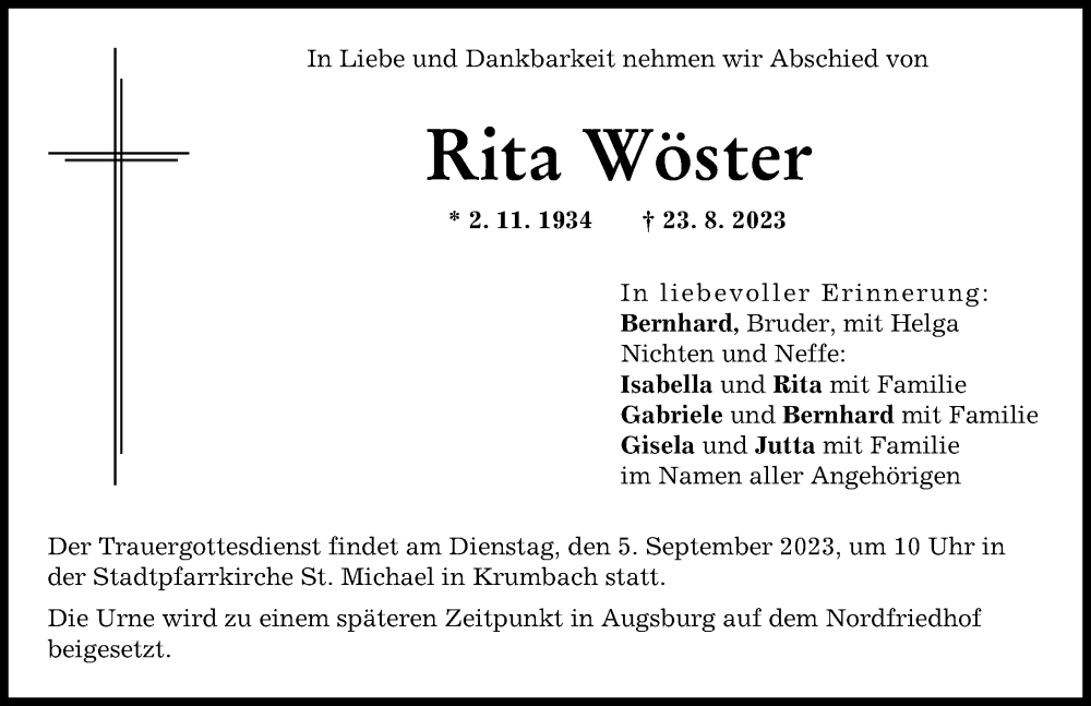 Traueranzeige von Rita Wöster von Mittelschwäbische Nachrichten