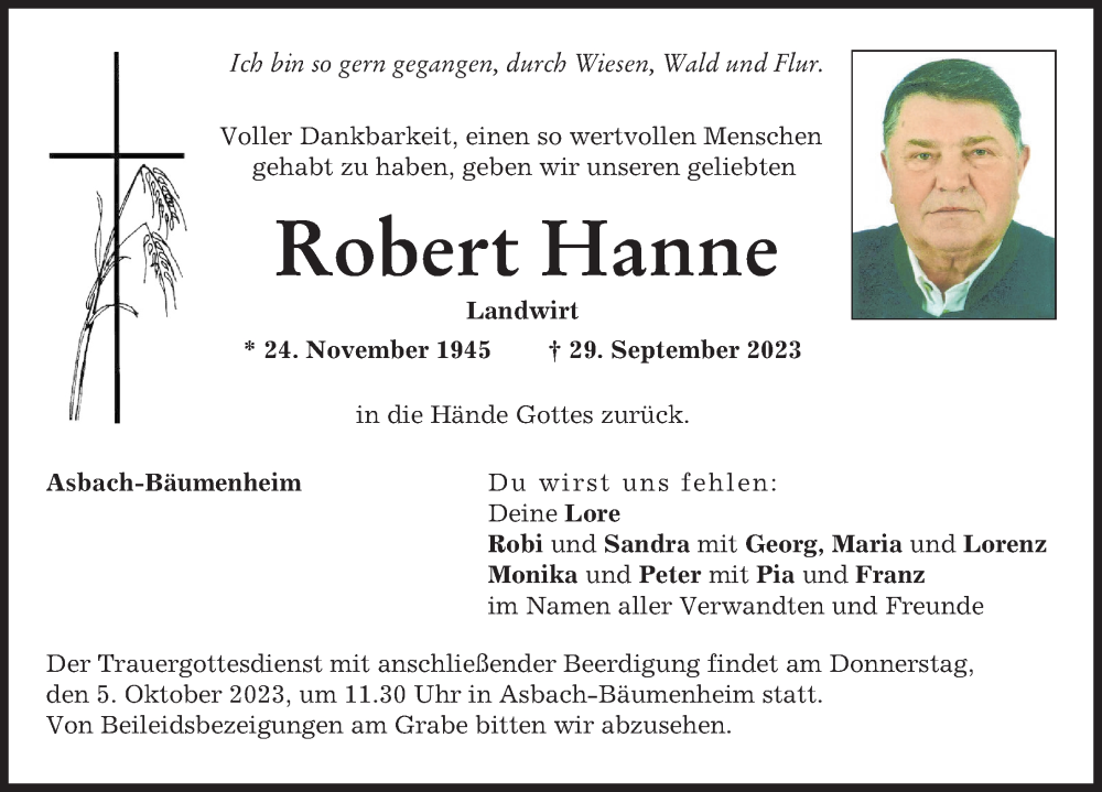  Traueranzeige für Robert Hanne vom 30.09.2023 aus Donauwörther Zeitung