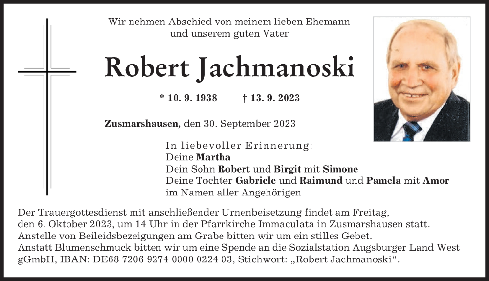  Traueranzeige für Robert Jachmanoski vom 30.09.2023 aus Augsburg-Land