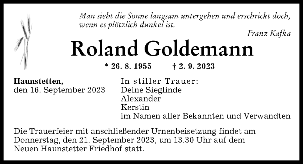 Traueranzeige von Roland Goldemann von Augsburger Allgemeine