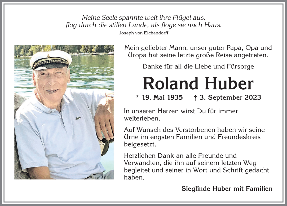  Traueranzeige für Roland Huber vom 23.09.2023 aus Mindelheimer Zeitung