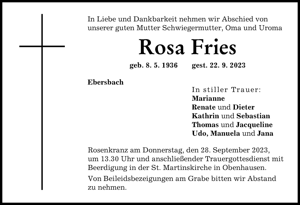  Traueranzeige für Rosa Fries vom 26.09.2023 aus Illertisser Zeitung