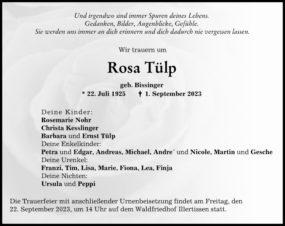  Traueranzeige für Rosa Tülp vom 19.09.2023 aus Illertisser Zeitung
