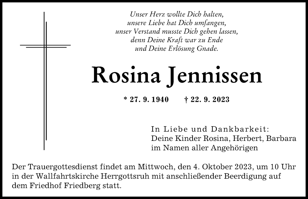  Traueranzeige für Rosina Jennissen vom 30.09.2023 aus Augsburger Allgemeine