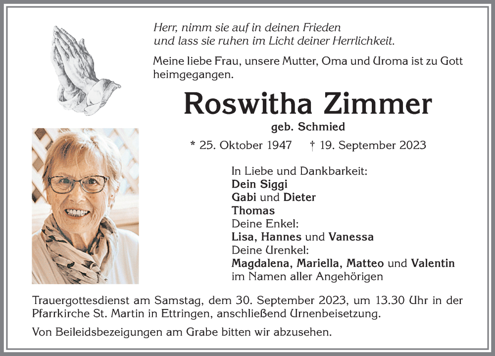  Traueranzeige für Roswitha Zimmer vom 28.09.2023 aus Mindelheimer Zeitung