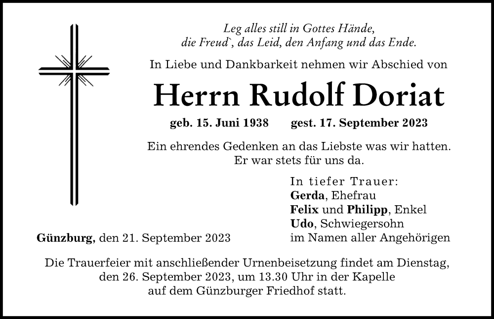 Traueranzeige von Rudolf Doriat von Günzburger Zeitung