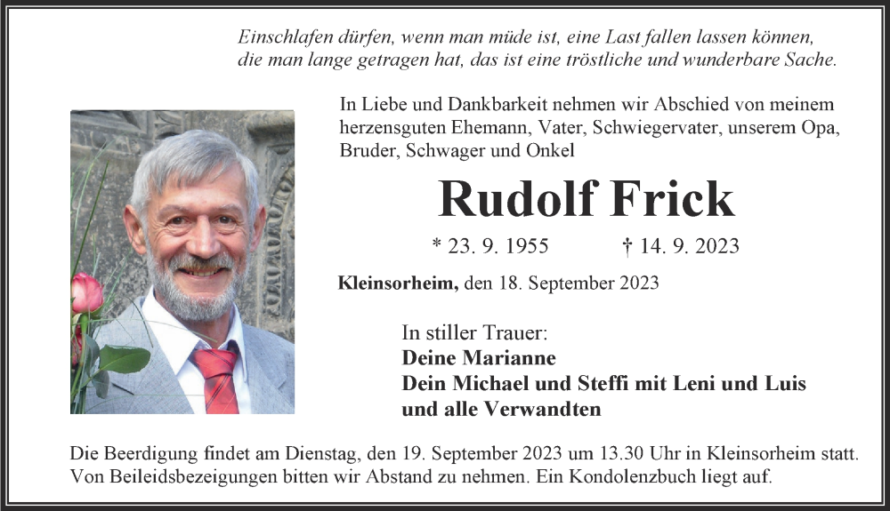  Traueranzeige für Rudolf Frick vom 18.09.2023 aus Rieser Nachrichten