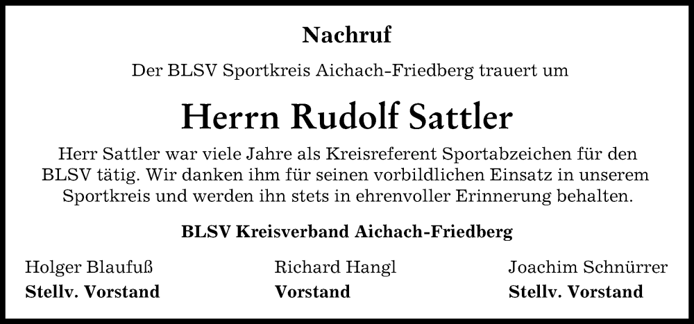  Traueranzeige für Rudolf Sattler vom 27.09.2023 aus Aichacher Nachrichten