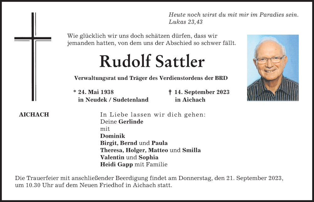  Traueranzeige für Rudolf Sattler vom 18.09.2023 aus Aichacher Nachrichten