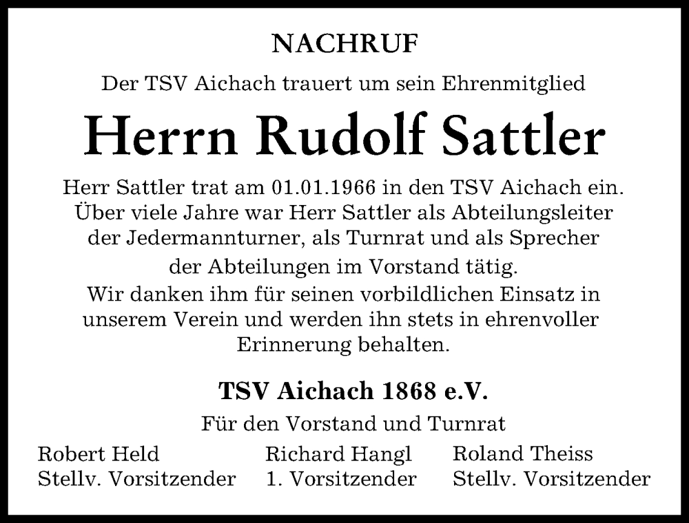  Traueranzeige für Rudolf Sattler vom 22.09.2023 aus Aichacher Nachrichten