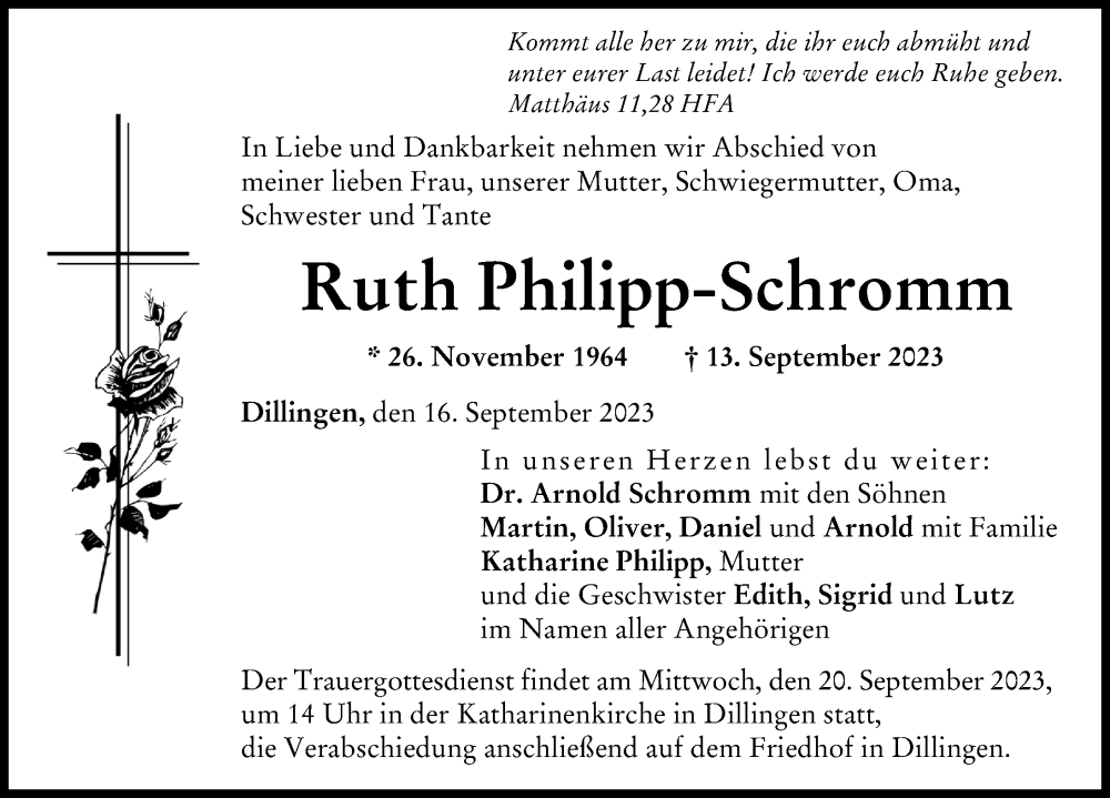  Traueranzeige für Ruth Philipp-Schromm vom 16.09.2023 aus Donau Zeitung