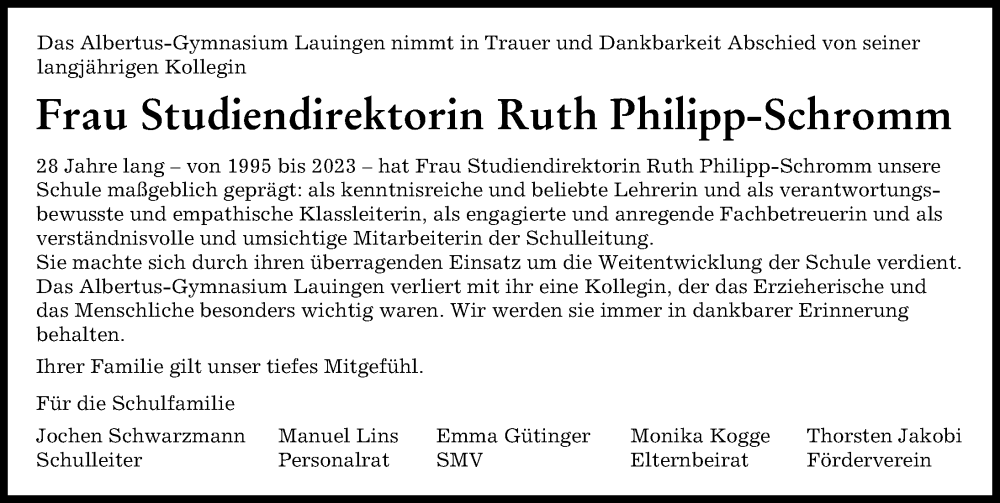  Traueranzeige für Ruth Philipp-Schromm vom 16.09.2023 aus Donau Zeitung