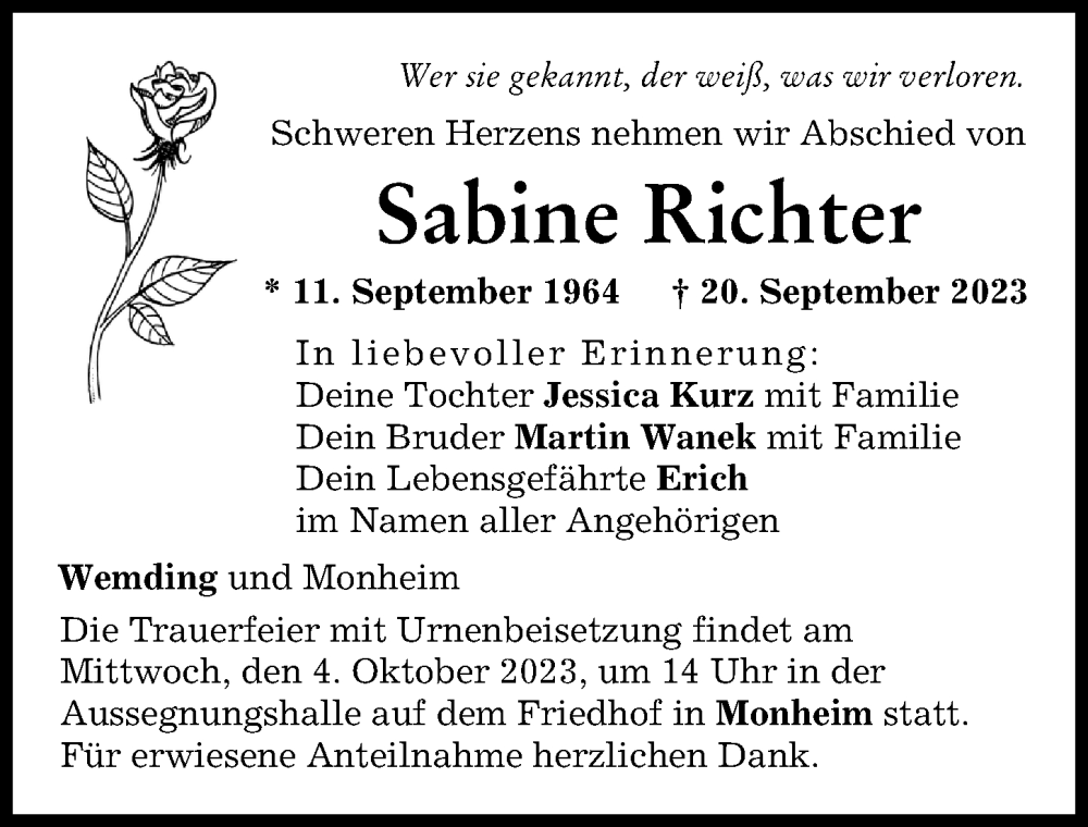  Traueranzeige für Sabine Richter vom 30.09.2023 aus Donauwörther Zeitung