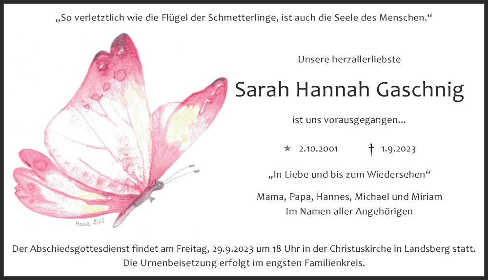 Traueranzeige von Sarah Hannah Gaschnig von Landsberger Tagblatt