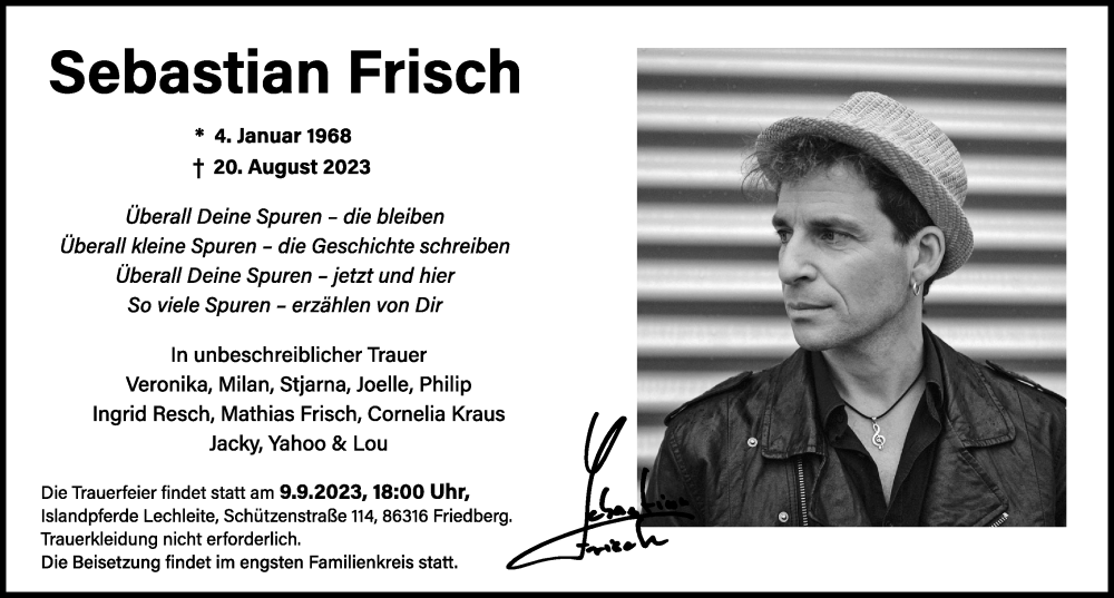  Traueranzeige für Sebastian Frisch vom 02.09.2023 aus Friedberger Allgemeine, Augsburger Allgemeine