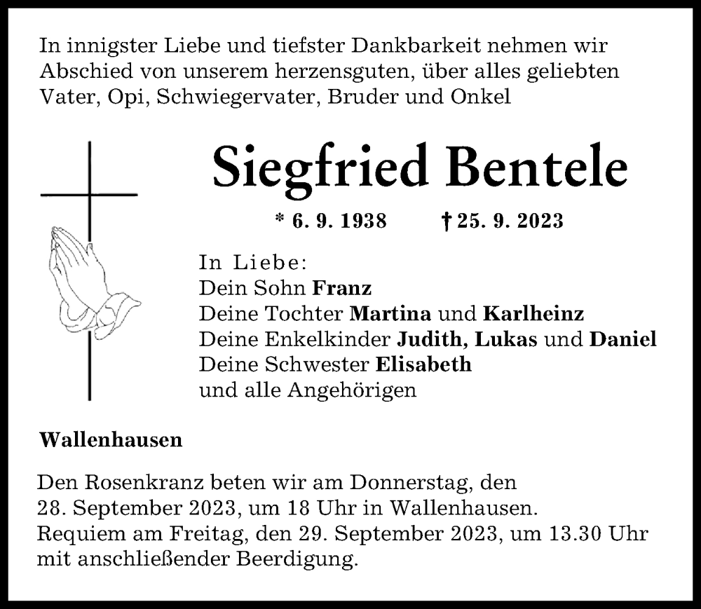  Traueranzeige für Siegfried Bentele vom 27.09.2023 aus Neu-Ulmer Zeitung