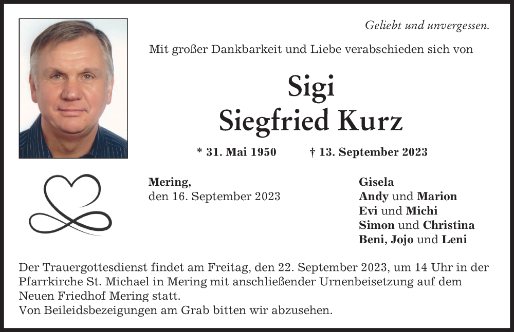  Traueranzeige für Siegfried Kurz vom 16.09.2023 aus Friedberger Allgemeine