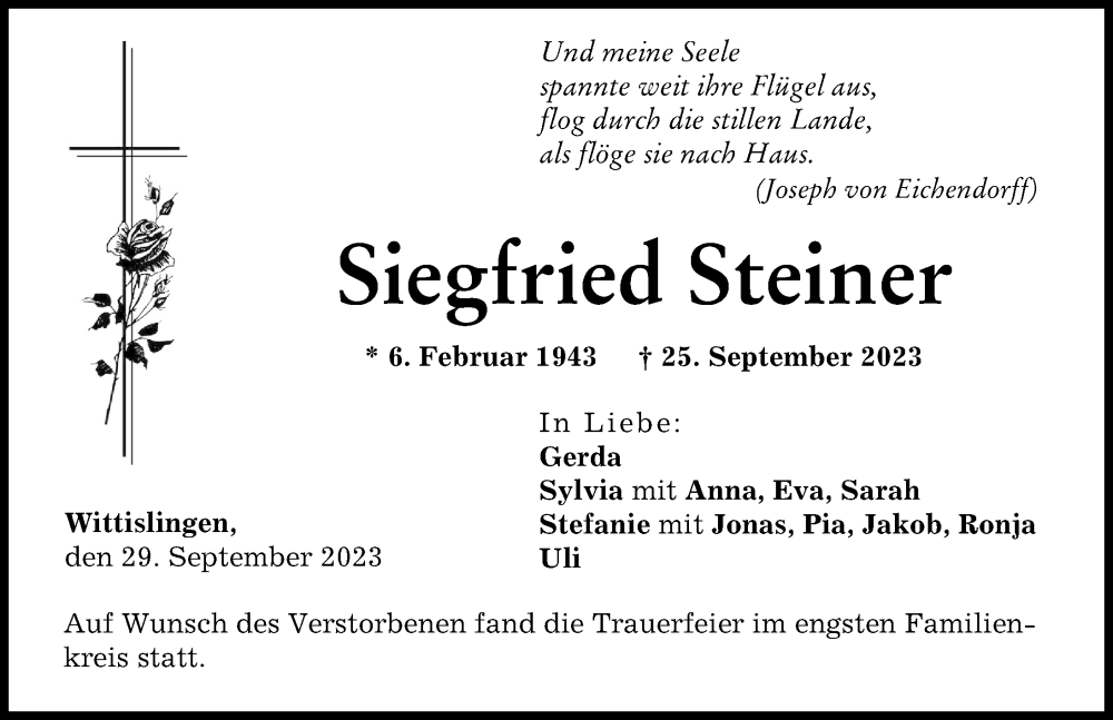  Traueranzeige für Siegfried Steiner vom 29.09.2023 aus Donau Zeitung