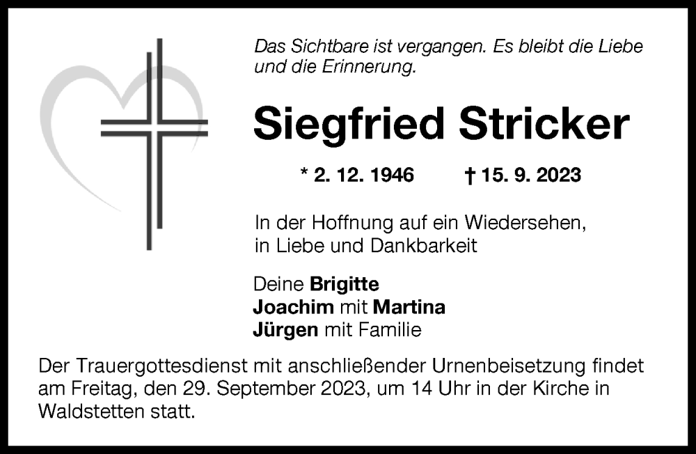 Traueranzeige von Siegfried Stricker von Günzburger Zeitung