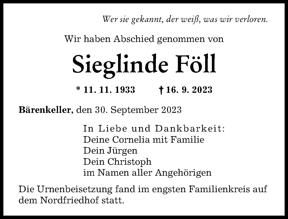  Traueranzeige für Sieglinde Föll vom 30.09.2023 aus Augsburger Allgemeine
