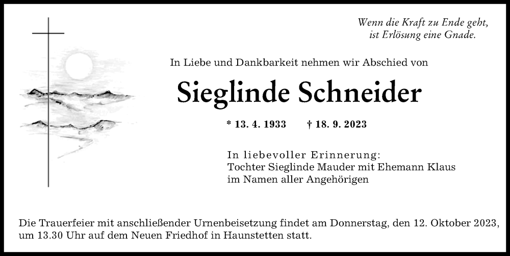  Traueranzeige für Sieglinde Schneider vom 30.09.2023 aus Augsburger Allgemeine