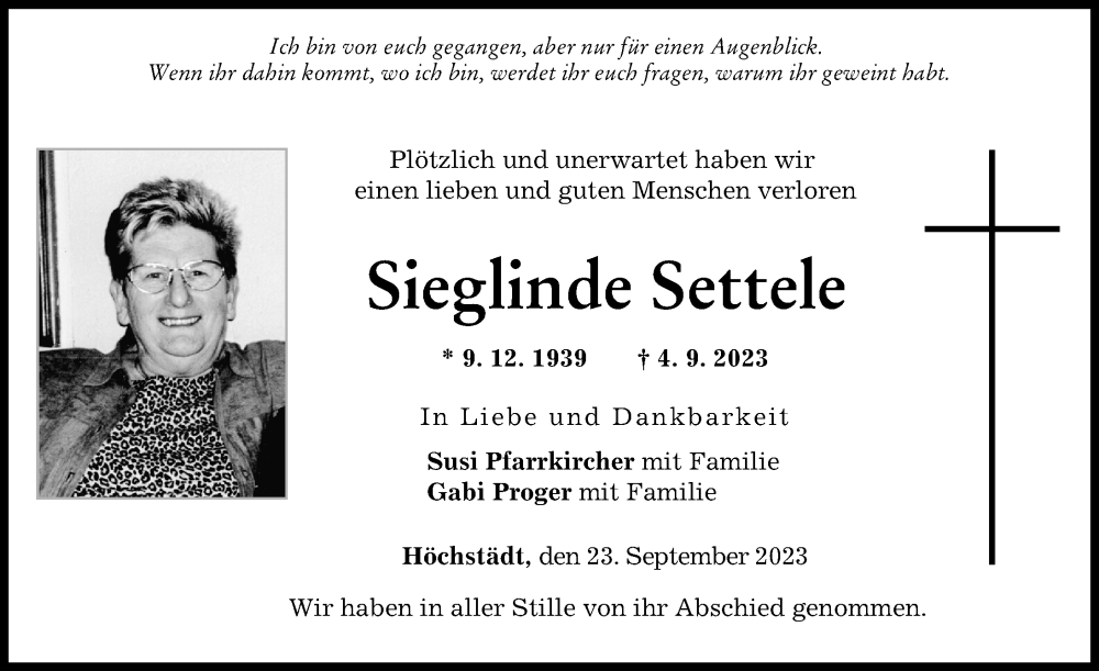  Traueranzeige für Sieglinde Settele vom 23.09.2023 aus Donau Zeitung