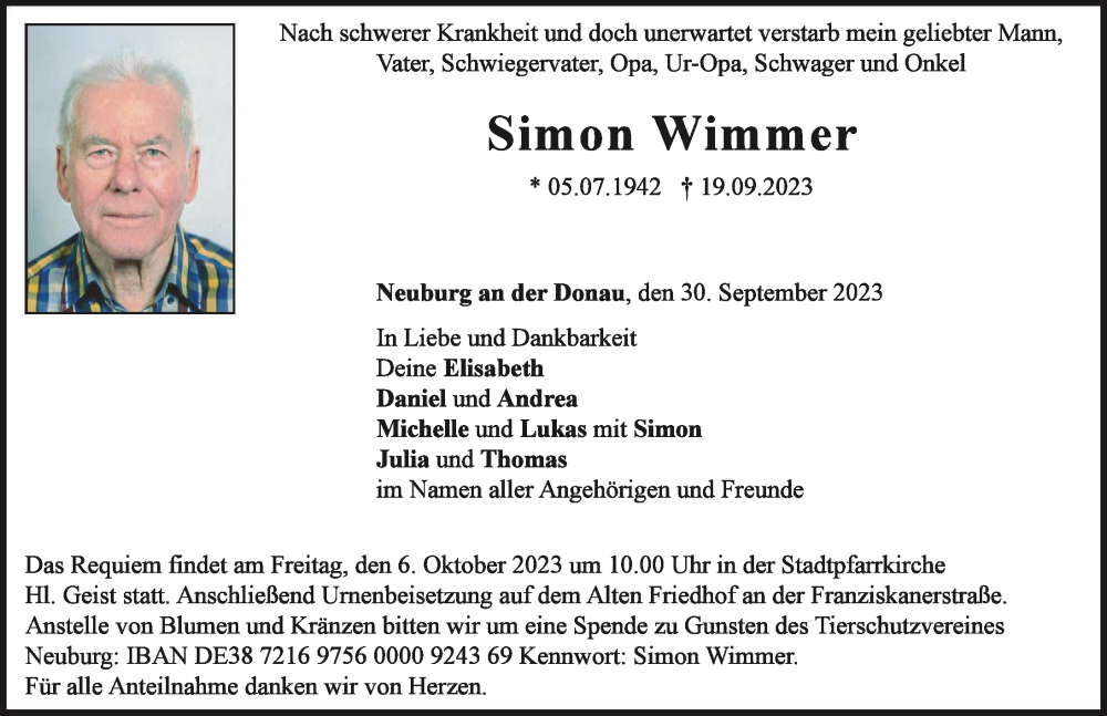  Traueranzeige für Simon Wimmer vom 30.09.2023 aus Neuburger Rundschau