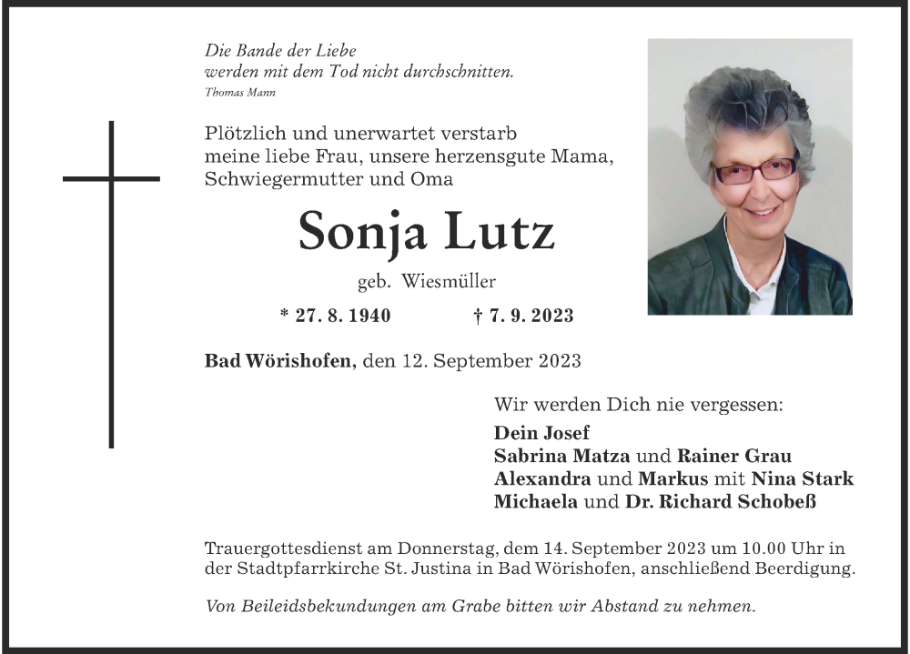 Traueranzeige von Sonja Lutz von Mindelheimer Zeitung