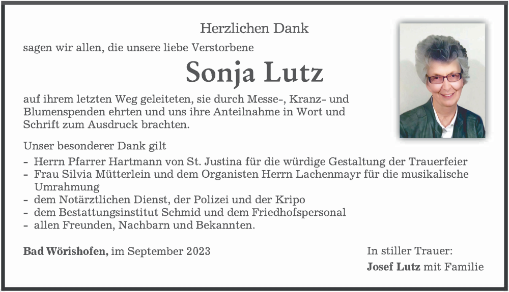 Traueranzeige von Sonja Lutz von Mindelheimer Zeitung