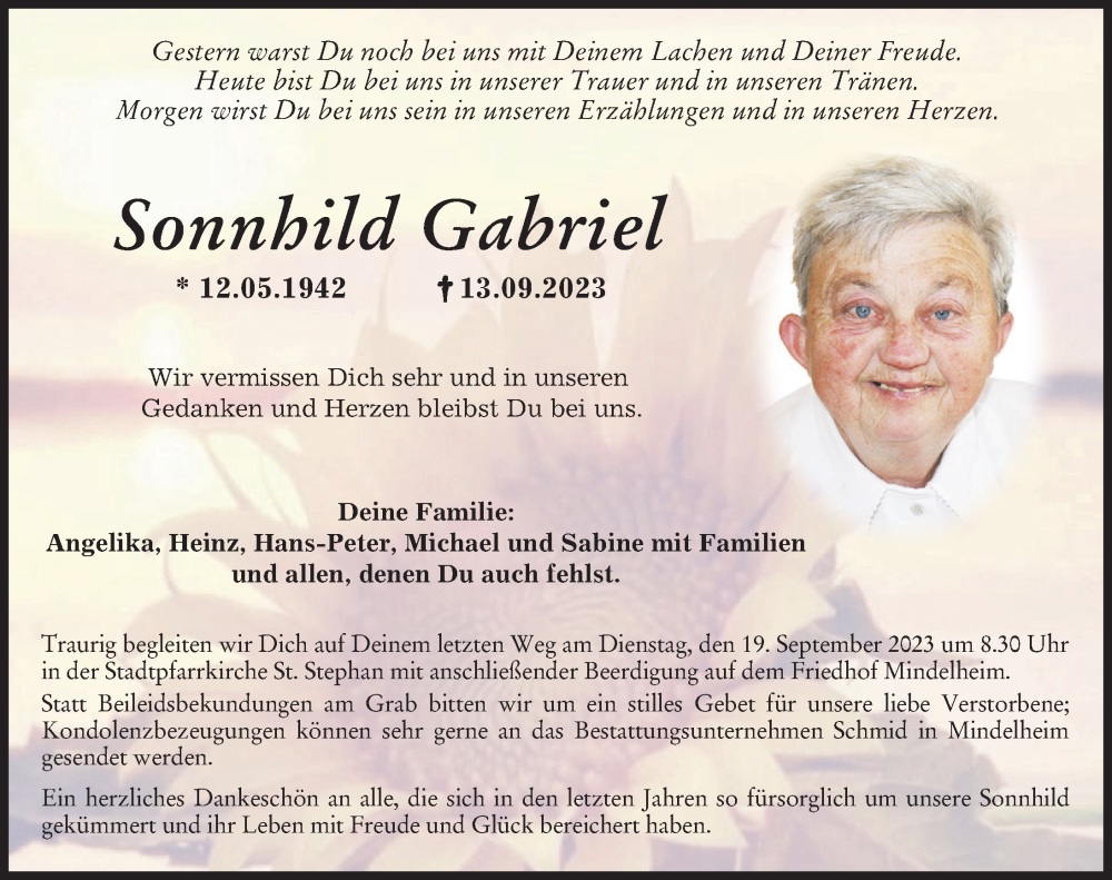  Traueranzeige für Sonnhild Gabriel vom 16.09.2023 aus Mindelheimer Zeitung