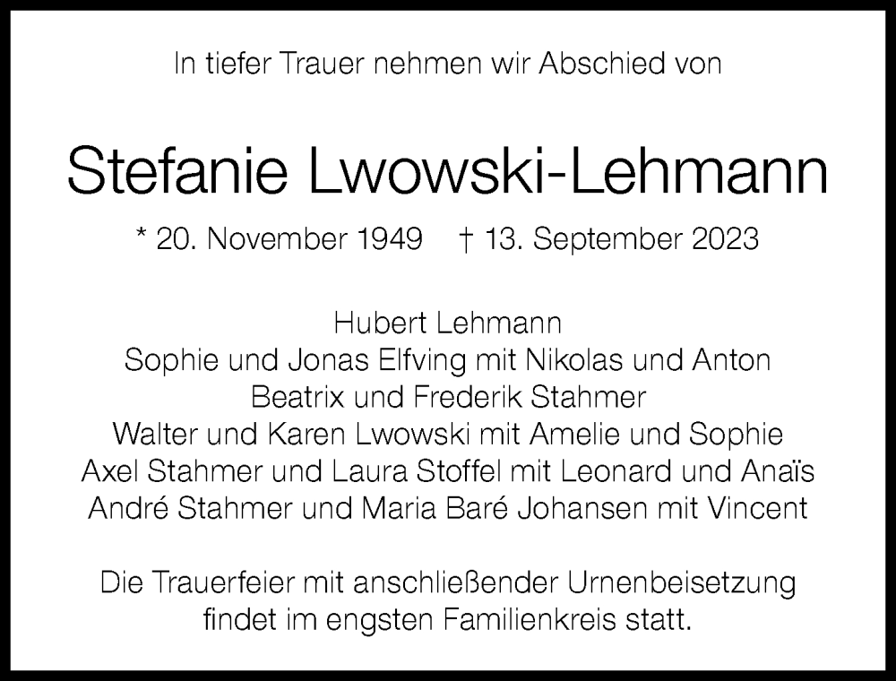 Traueranzeige von Stefanie Lwowski-Lehmann von Ammersee Kurier