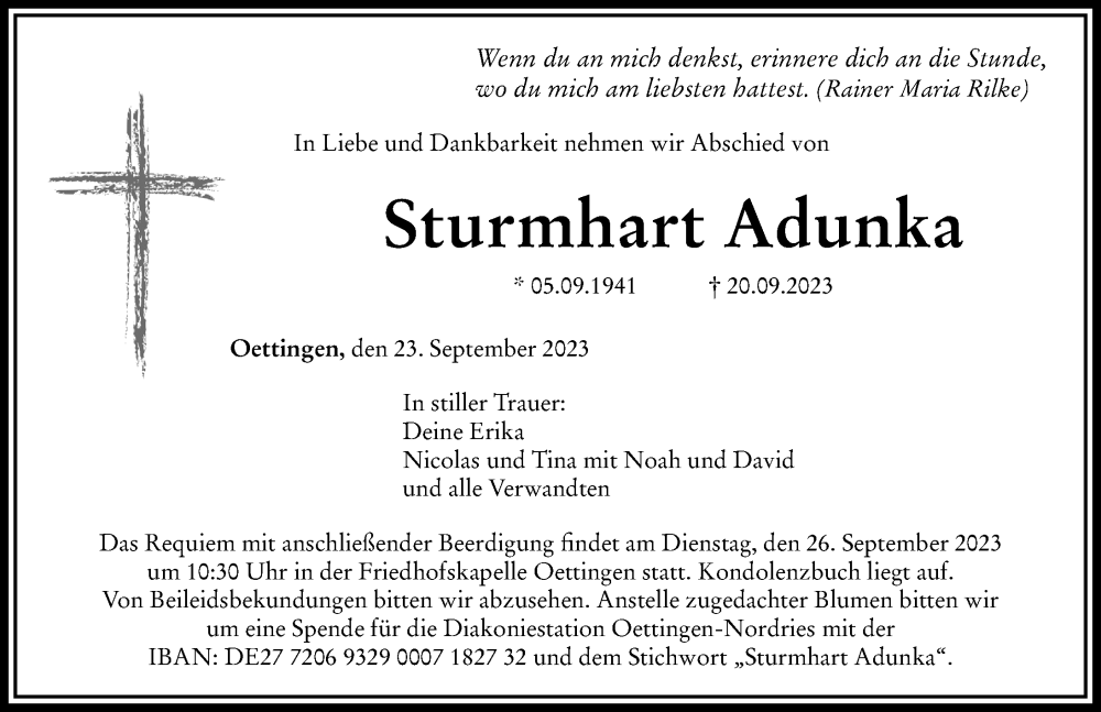  Traueranzeige für Sturmhart Adunka vom 23.09.2023 aus Rieser Nachrichten
