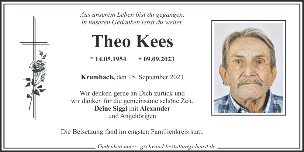 Traueranzeige von Theo Kees von Mittelschwäbische Nachrichten