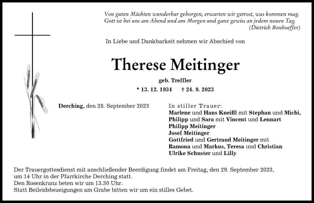  Traueranzeige für Therese Meitinger vom 28.09.2023 aus Friedberger Allgemeine
