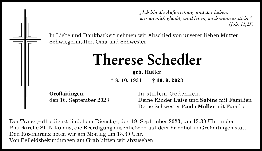 Traueranzeige von Therese Schedler von Schwabmünchner Allgemeine