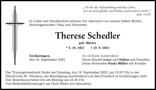 Traueranzeigen Von Therese Schedler Augsburger Allgemeine Zeitung